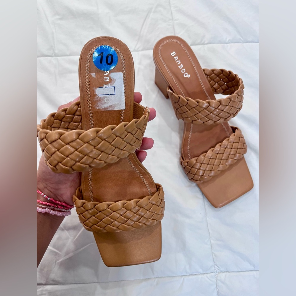 Womens Tan Braided Strappy Square Open Toe Slip On Chunky Heeled Sandals Size 10 - Picture 5 of 12